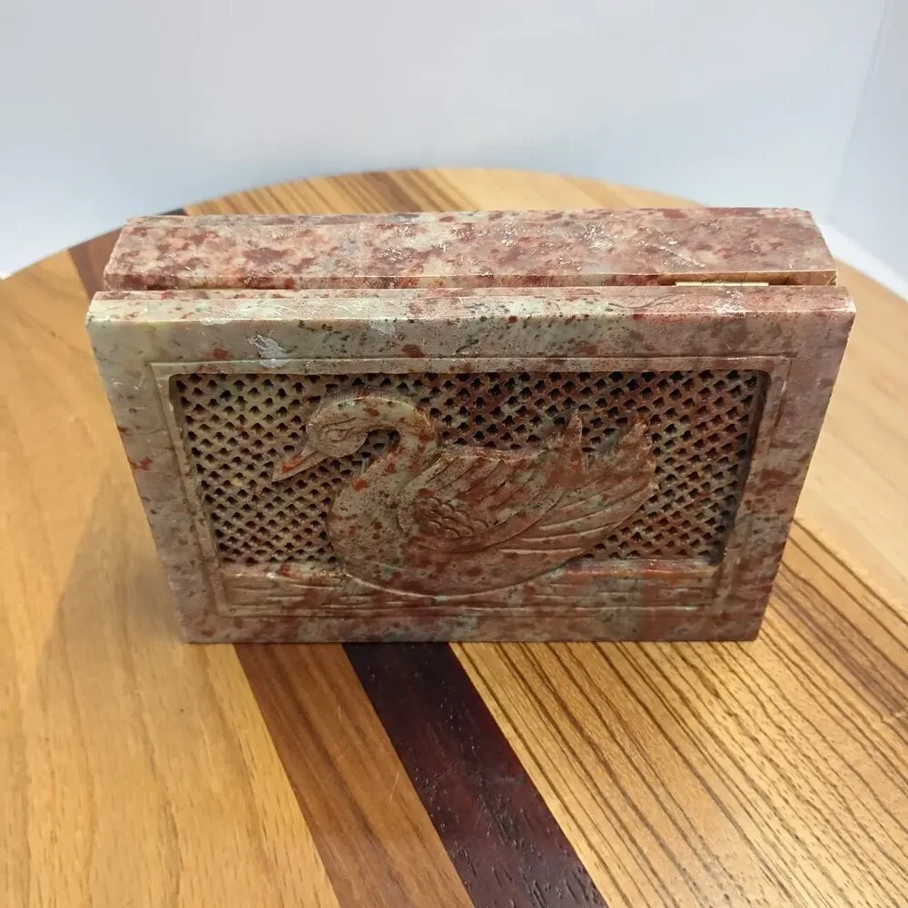Vintage Swan Carved Soapstone Trinket Jewelry Box India Hinged MCM 6x4 Rectangle
